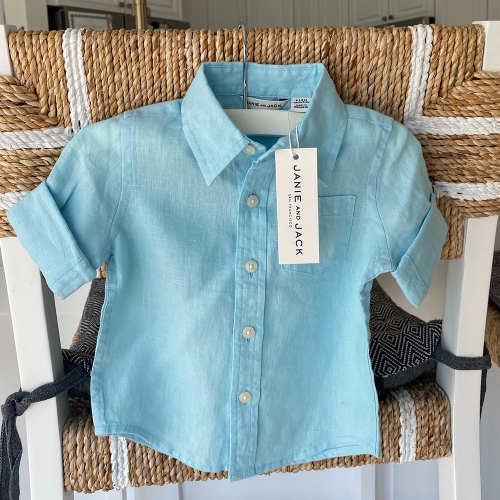 Janie and Jack button down linen top baby boy light blue size 6-12 months